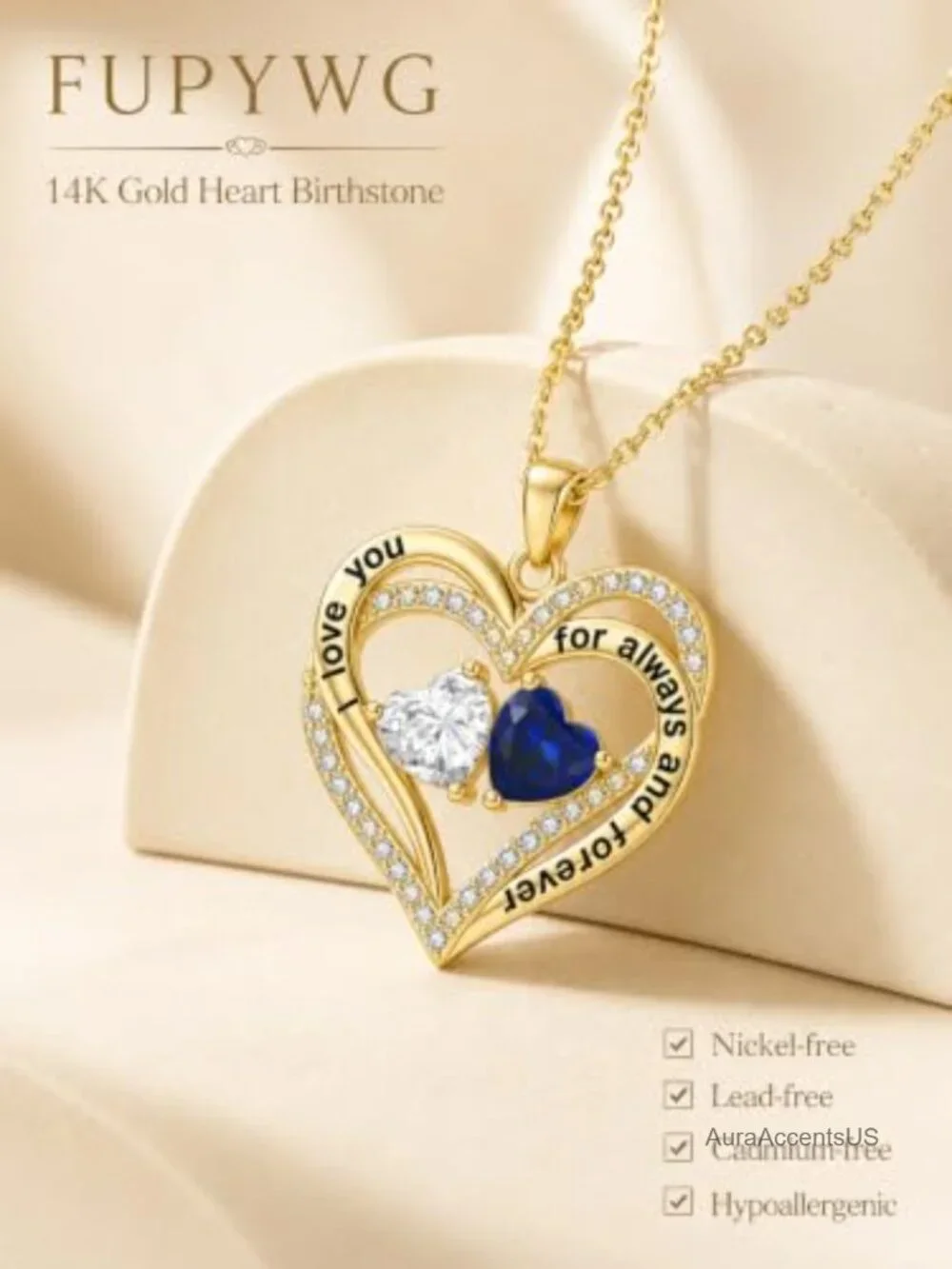 14K Gold Intertwined Double Heart Pendant Necklace with Cubic Zirconia Pave